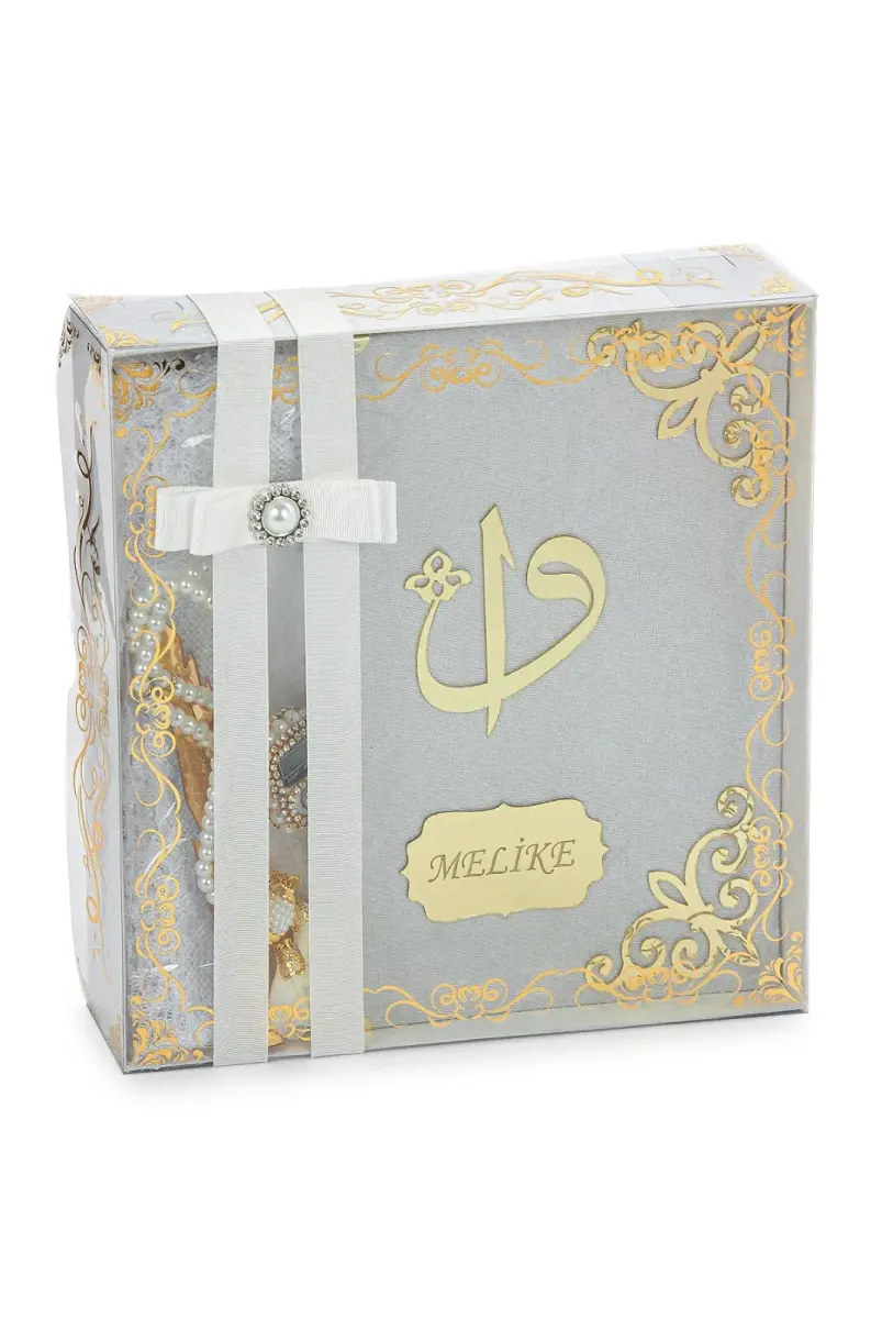 Hediyelik İsme Özel Kuranı Kerim Seti Şal Tesbih Zikirmatik Beyaz - 2