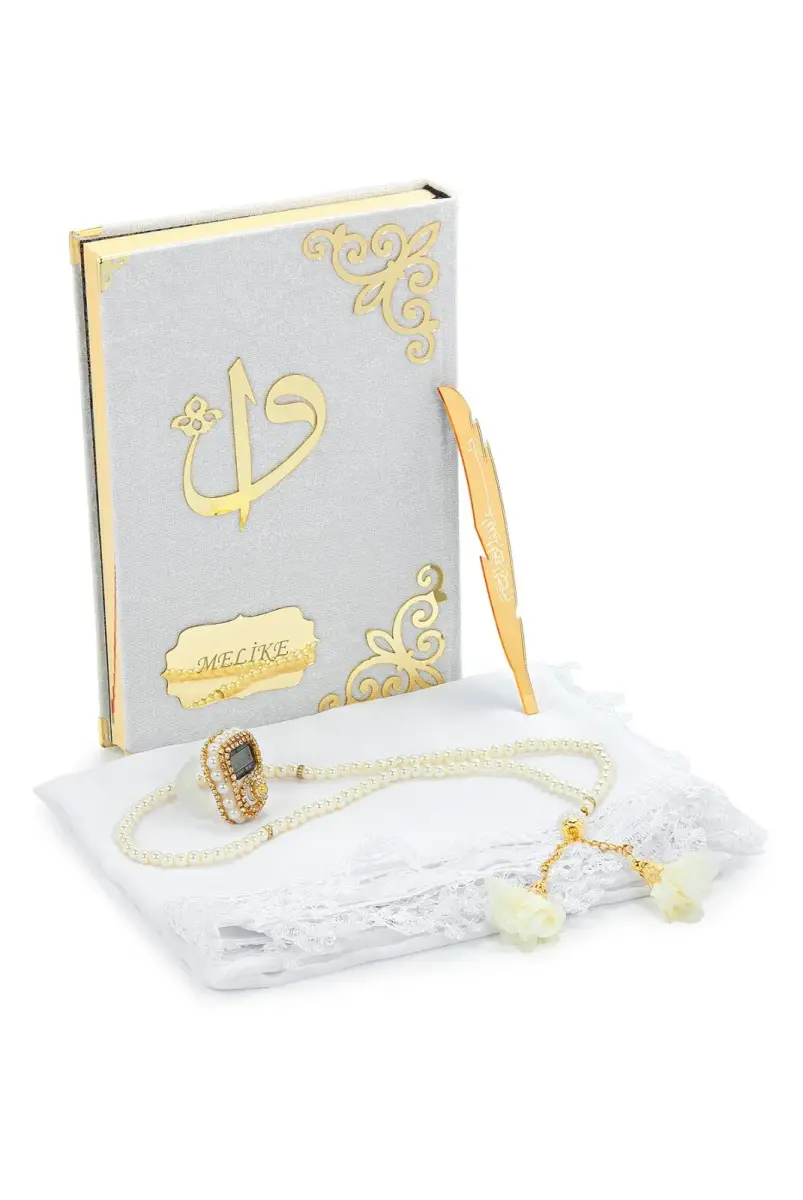 Hediyelik İsme Özel Kuranı Kerim Seti Şal Tesbih Zikirmatik Beyaz - 3