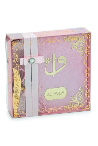 Hediyelik İsme Özel Kuranı Kerim Seti Şal Tesbih Zikirmatik Pembe - 2