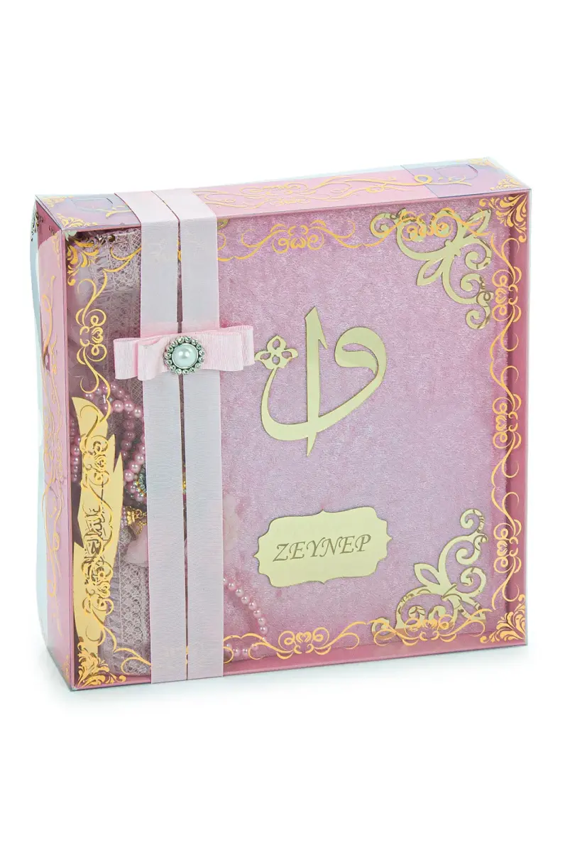 Hediyelik İsme Özel Kuranı Kerim Seti Şal Tesbih Zikirmatik Pembe - 2