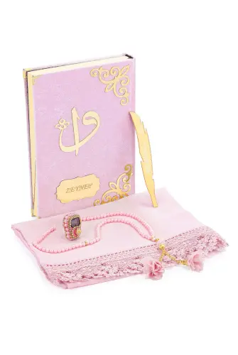 Hediyelik İsme Özel Kuranı Kerim Seti Şal Tesbih Zikirmatik Pembe - 3