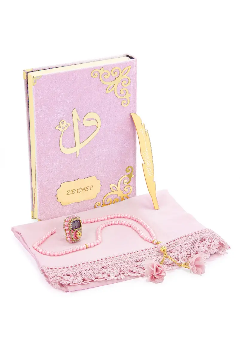 Hediyelik İsme Özel Kuranı Kerim Seti Şal Tesbih Zikirmatik Pembe - 3