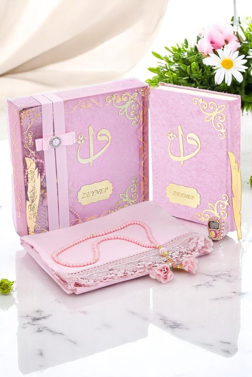 Hediyelik İsme Özel Kuranı Kerim Seti Şal Tesbih Zikirmatik Pembe - 1