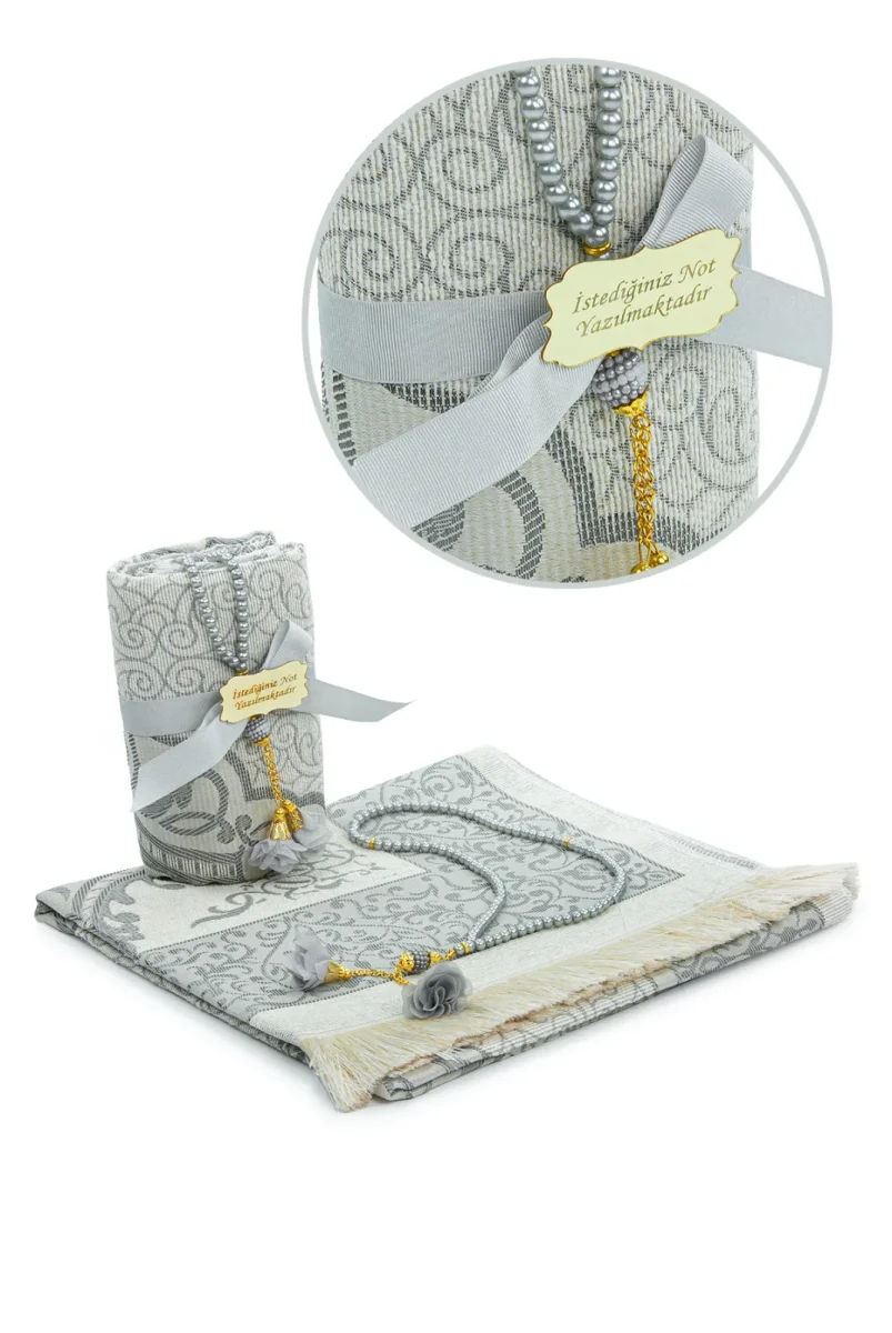 Hediyelik İsme Özel Tesbihli Seccade Seti Gri - 1