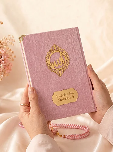 Hediyelik Kadife Kaplı İsme Özel Arapça Orta Boy Kuranı Kerim Pembe - 3