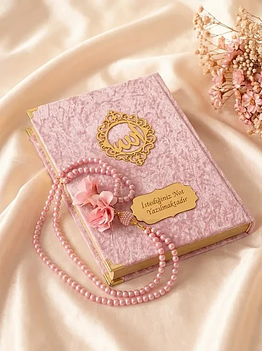 Hediyelik Kadife Kaplı İsme Özel Arapça Orta Boy Kuranı Kerim Pembe - 5
