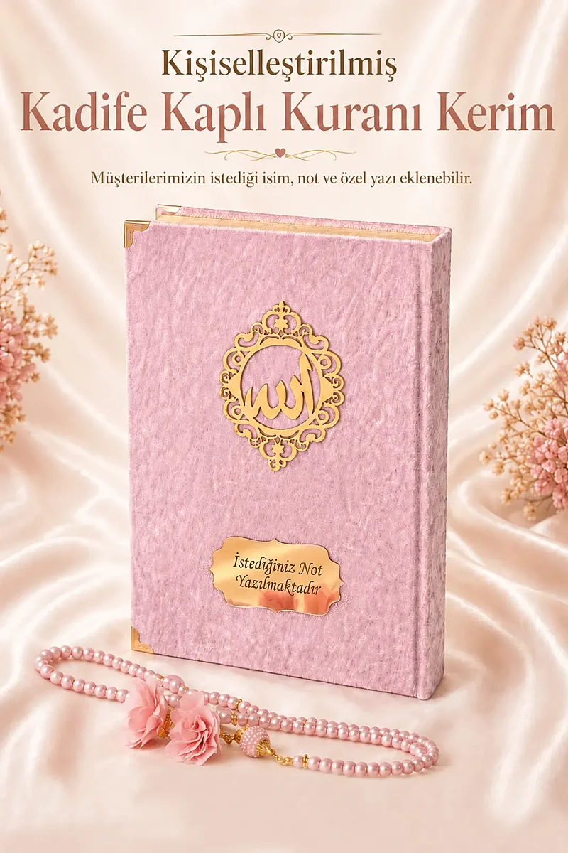 Hediyelik Kadife Kaplı İsme Özel Arapça Orta Boy Kuranı Kerim Pembe - 1