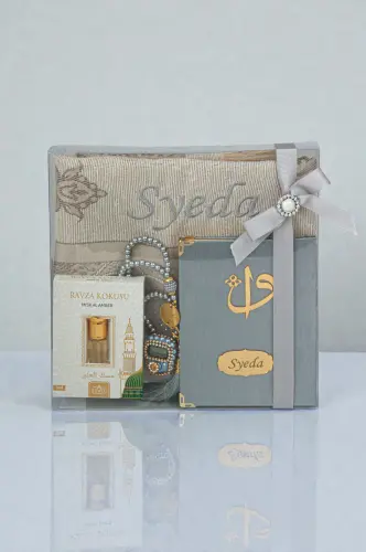 Hediyelik Kişiye Özel İsimli Seccade Seti - Yasin Kitabı, Tesbih, Zikirmatik, Esans - Gri 