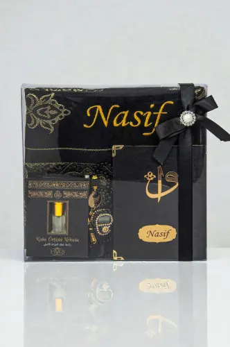 Hediyelik Kişiye Özel İsimli Seccade Seti - Yasin Kitabı, Tesbih, Zikirmatik, Esans - Siyah - 1