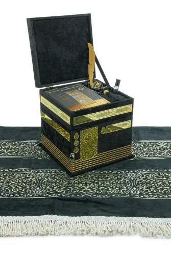 Hediyelik Kuran-ı Kerim, Eşarp, Tesbih ve Seccade Kabe Maketi Seti Siyah - ihvanonline (1)