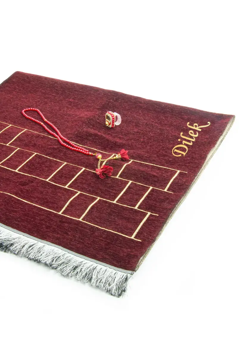 Hediyelik Kutulu Kişiye Özel Tesbih Zikirmatik İsimli Seccade Seti Bordo - 4