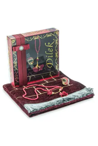 Hediyelik Kutulu Kişiye Özel Tesbih Zikirmatik İsimli Seccade Seti Bordo - 5