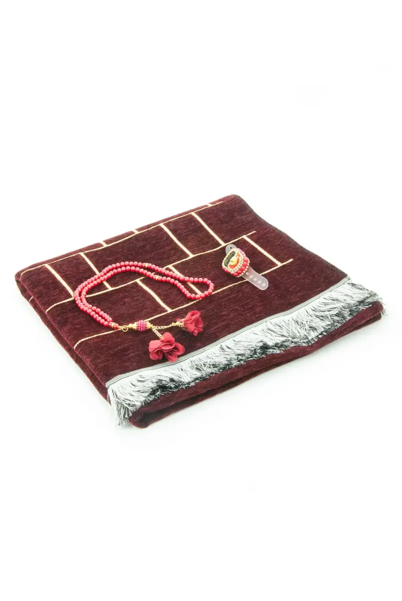 Hediyelik Kutulu Kişiye Özel Tesbih Zikirmatik İsimli Seccade Seti Bordo - 6