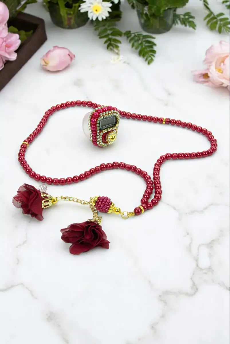 Hediyelik Kutulu Kişiye Özel Tesbih Zikirmatik İsimli Seccade Seti Bordo - 7