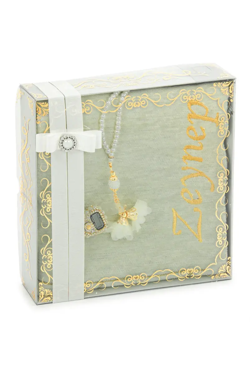 Hediyelik Kutulu Kişiye Özel Tesbih Zikirmatik İsimli Seccade Seti Krem - 2