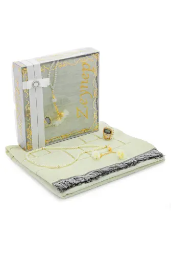 Hediyelik Kutulu Kişiye Özel Tesbih Zikirmatik İsimli Seccade Seti Krem - 4