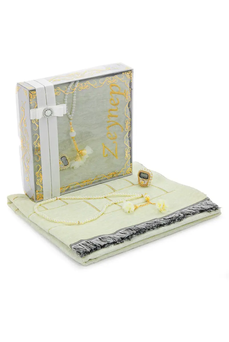 Hediyelik Kutulu Kişiye Özel Tesbih Zikirmatik İsimli Seccade Seti Krem - 4