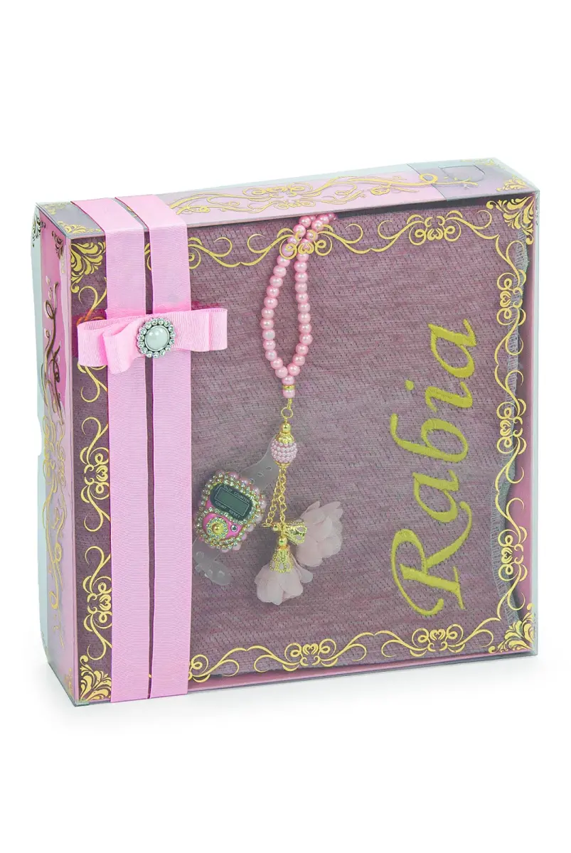 Hediyelik Kutulu Kişiye Özel Tesbih Zikirmatik İsimli Seccade Seti Pembe - 2