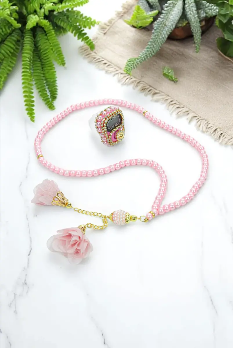 Hediyelik Kutulu Kişiye Özel Tesbih Zikirmatik İsimli Seccade Seti Pembe - 6