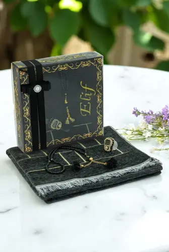 Hediyelik Kutulu Kişiye Özel Tesbih Zikirmatik İsimli Seccade Seti Siyah - 1