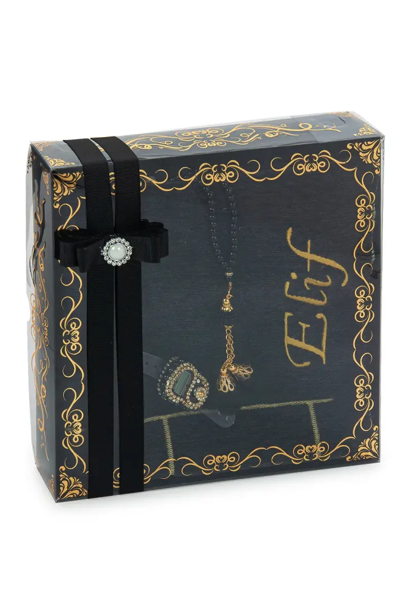 Hediyelik Kutulu Kişiye Özel Tesbih Zikirmatik İsimli Seccade Seti Siyah - 2