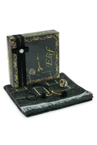 Hediyelik Kutulu Kişiye Özel Tesbih Zikirmatik İsimli Seccade Seti Siyah - 4