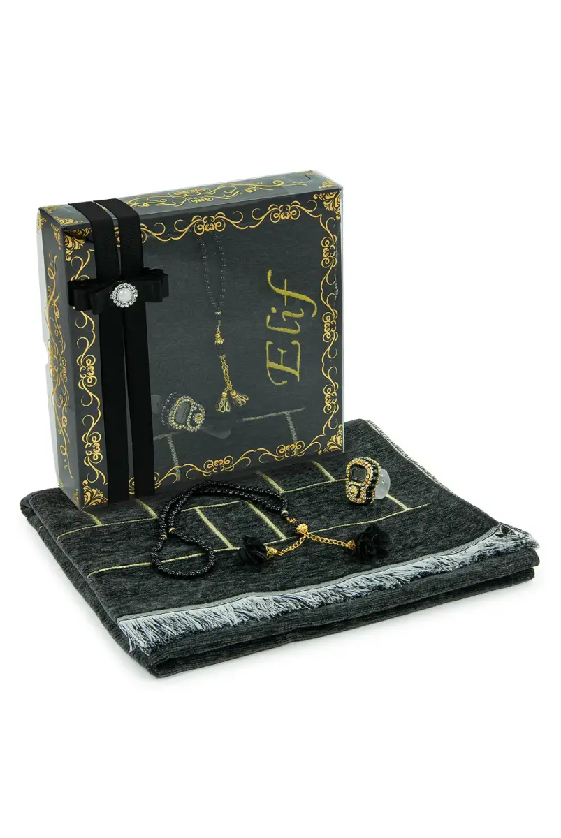 Hediyelik Kutulu Kişiye Özel Tesbih Zikirmatik İsimli Seccade Seti Siyah - 4