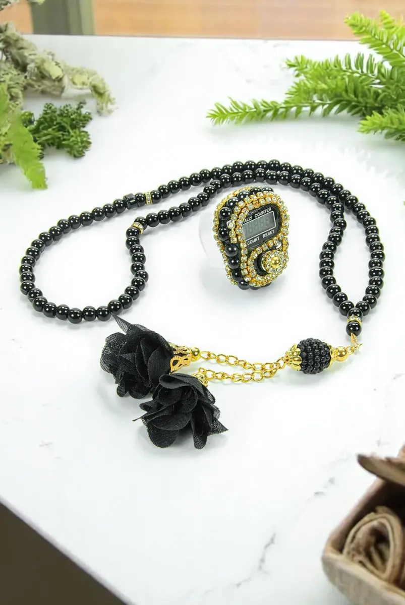 Hediyelik Kutulu Kişiye Özel Tesbih Zikirmatik İsimli Seccade Seti Siyah - 6