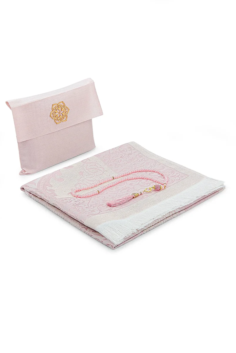 Hediyelik Şantuk Çantalı, Tesbihli, Çeyizlik Seccade Seti - Açık Pembe - 1