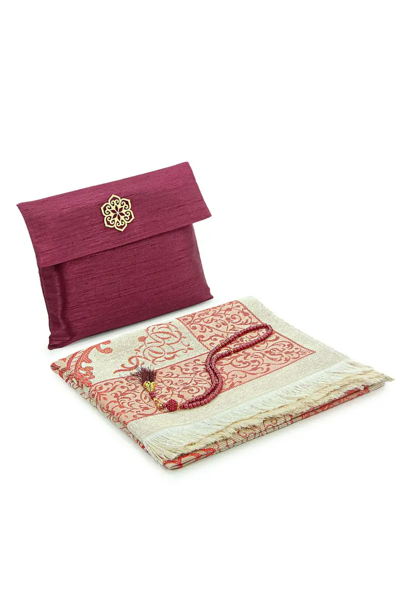 Hediyelik Şantuk Çantalı, Tesbihli, Çeyizlik Seccade Seti - Bordo - 1