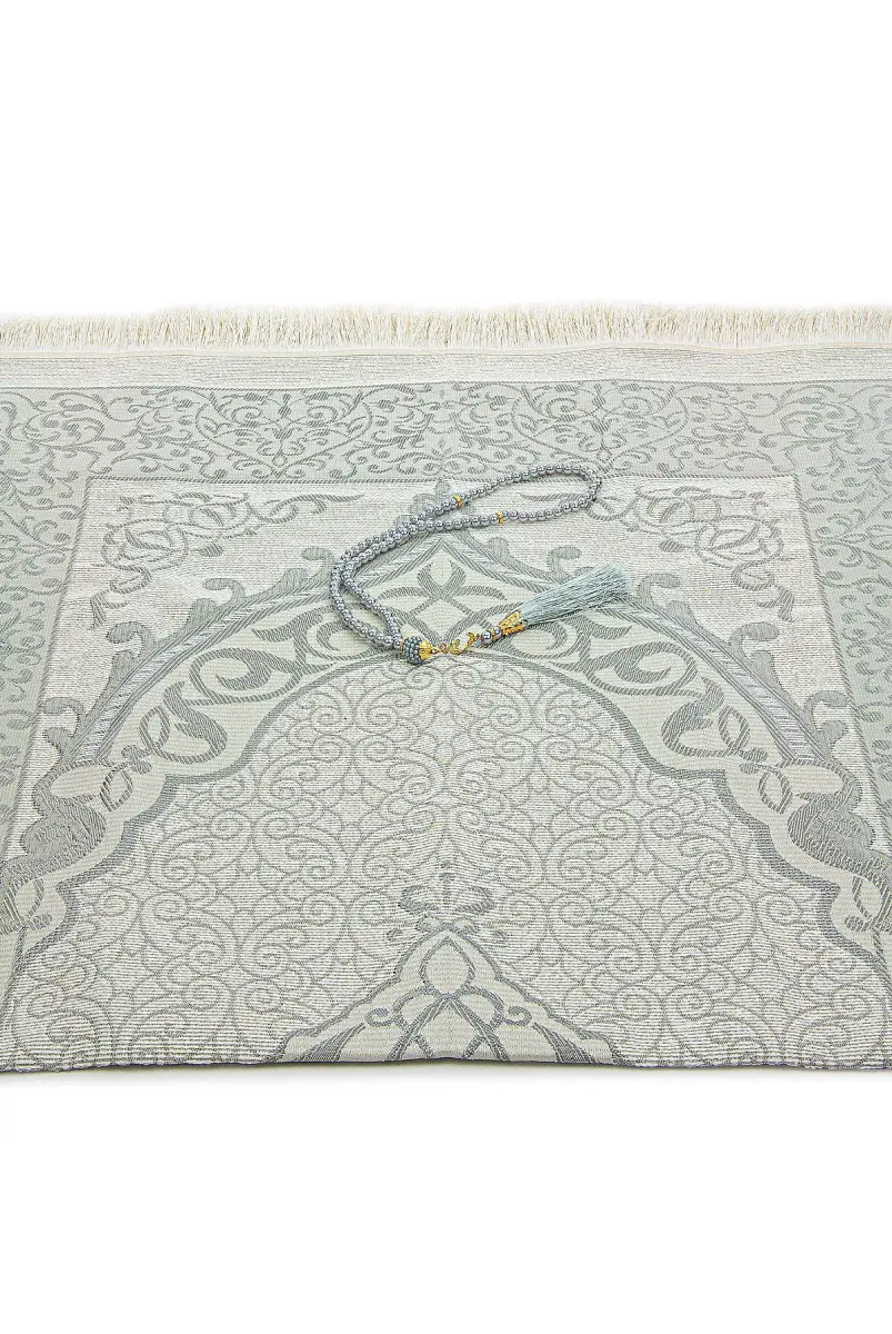 Hediyelik Şantuk Çantalı, Tesbihli, Çeyizlik Seccade Seti - Gri - 3