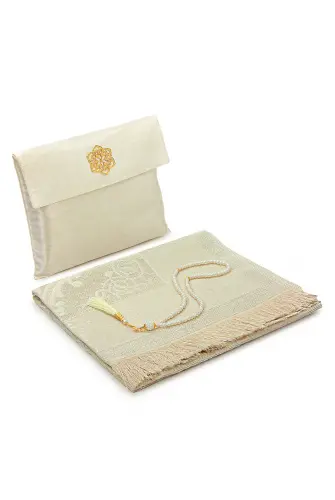 Hediyelik Şantuk Çantalı, Tesbihli, Çeyizlik Seccade Seti - Krem - 1