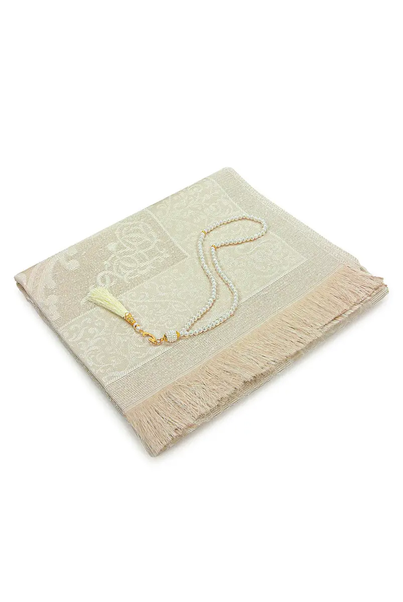 Hediyelik Şantuk Çantalı, Tesbihli, Çeyizlik Seccade Seti - Krem - 2