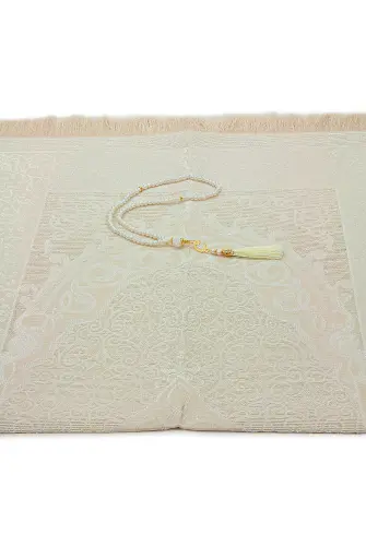 Hediyelik Şantuk Çantalı, Tesbihli, Çeyizlik Seccade Seti - Krem - 3