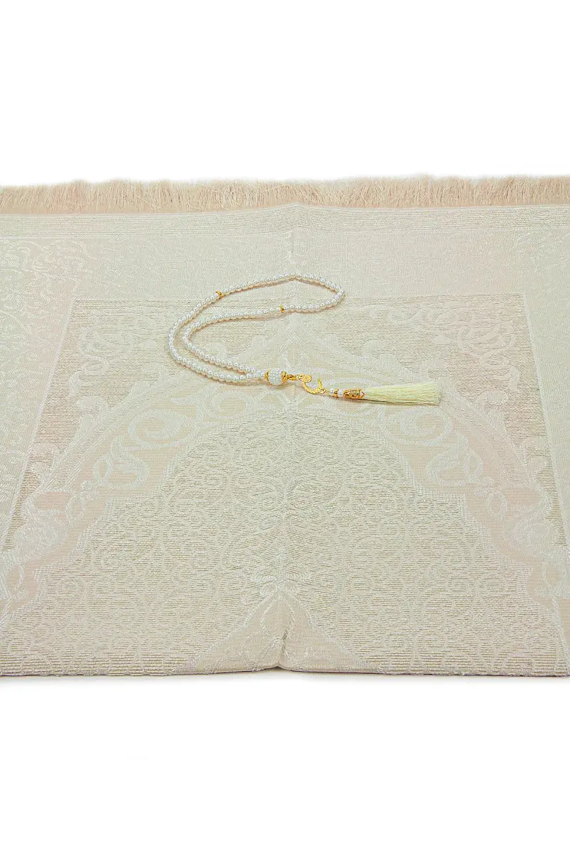 Hediyelik Şantuk Çantalı, Tesbihli, Çeyizlik Seccade Seti - Krem - 3