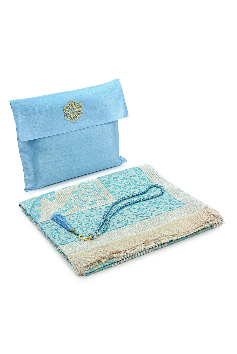 Hediyelik Şantuk Çantalı, Tesbihli, Çeyizlik Seccade Seti - Mavi - 1