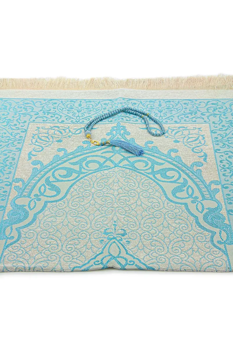 Hediyelik Şantuk Çantalı, Tesbihli, Çeyizlik Seccade Seti - Mavi - 3