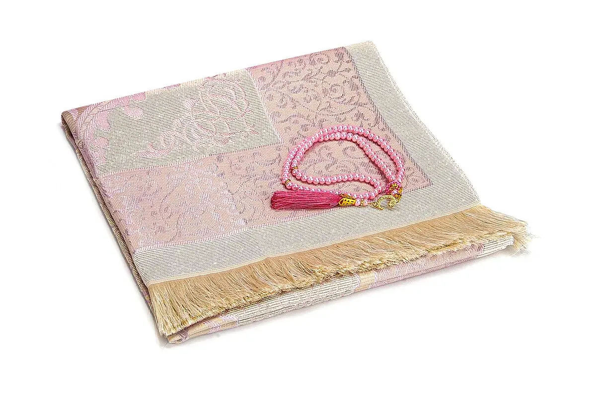 Hediyelik Şantuk Keseli, Tesbihli Tafta Seccade Seti Mevlüt Paketi - Pembe - 2