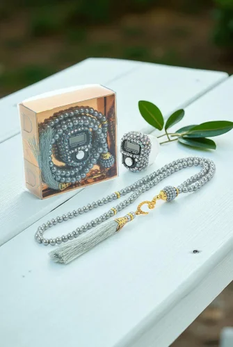 Hediyelik Taşlı Zikirmatik ve 99 lu İnci Tesbih Kutulu Set - Gri 