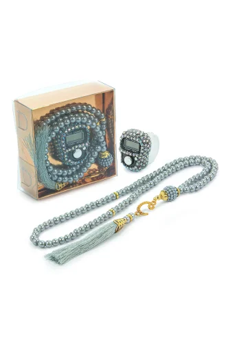 Hediyelik Taşlı Zikirmatik ve 99 lu İnci Tesbih Kutulu Set - Gri - ihvanonline (1)