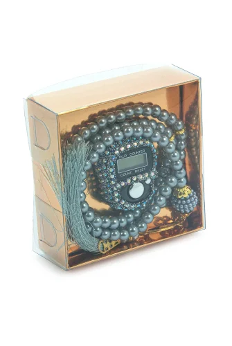 Hediyelik Taşlı Zikirmatik ve 99 lu İnci Tesbih Kutulu Set - Gri - 3