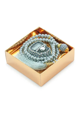 Hediyelik Taşlı Zikirmatik ve 99 lu İnci Tesbih Kutulu Set - Gri - 4