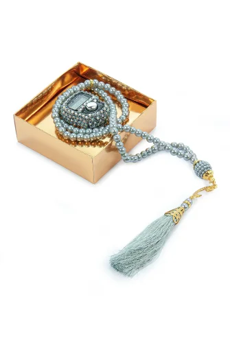 Hediyelik Taşlı Zikirmatik ve 99 lu İnci Tesbih Kutulu Set - Gri - 5