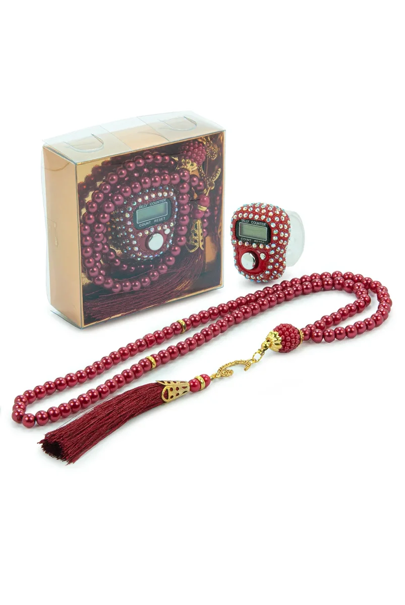Hediyelik Taşlı Zikirmatik ve 99 lu İnci Tesbih Kutulu Set - Kırmızı - 2