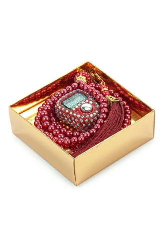 Hediyelik Taşlı Zikirmatik ve 99 lu İnci Tesbih Kutulu Set - Kırmızı - 4