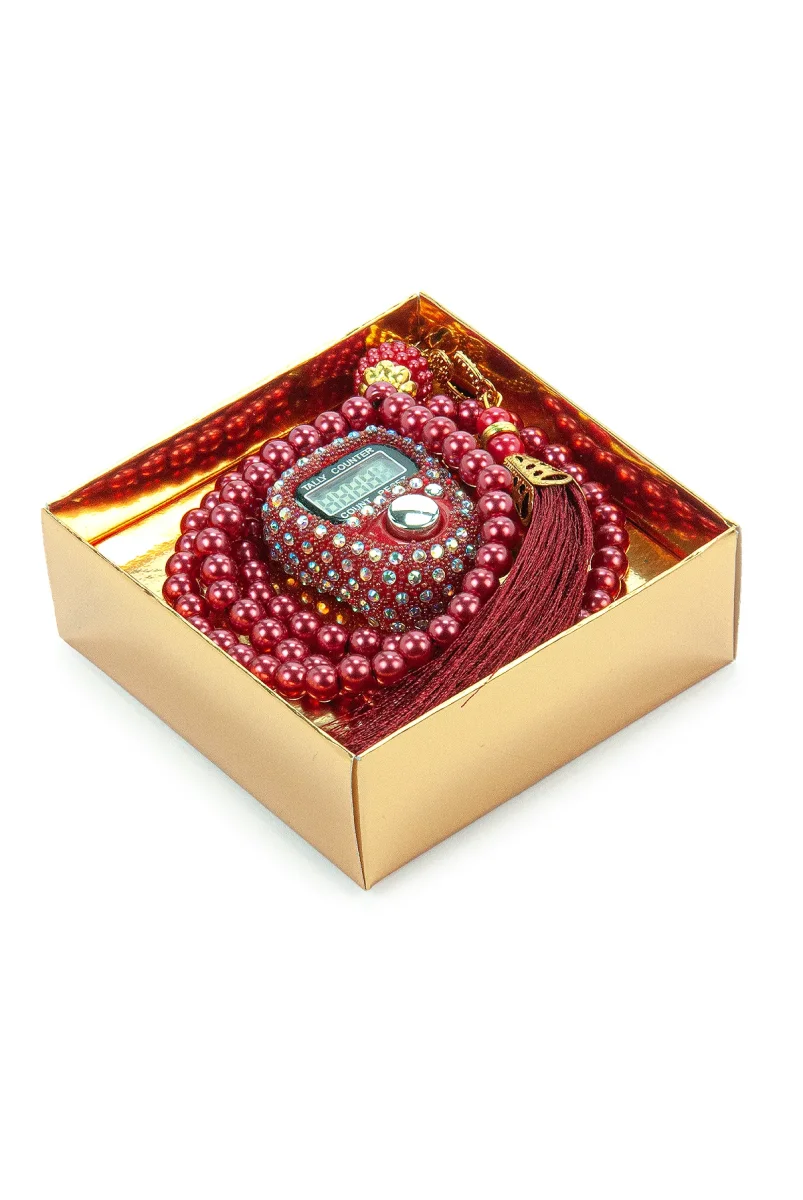 Hediyelik Taşlı Zikirmatik ve 99 lu İnci Tesbih Kutulu Set - Kırmızı - 4