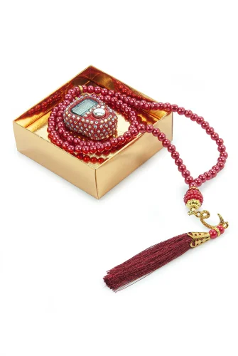 Hediyelik Taşlı Zikirmatik ve 99 lu İnci Tesbih Kutulu Set - Kırmızı - 5