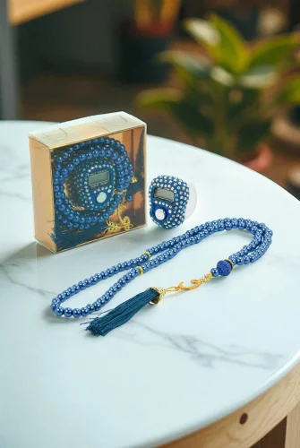 Hediyelik Taşlı Zikirmatik ve 99 lu İnci Tesbih Kutulu Set - Lacivert 