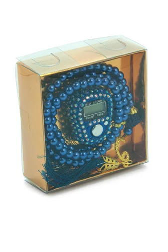 Hediyelik Taşlı Zikirmatik ve 99 lu İnci Tesbih Kutulu Set - Lacivert - 4