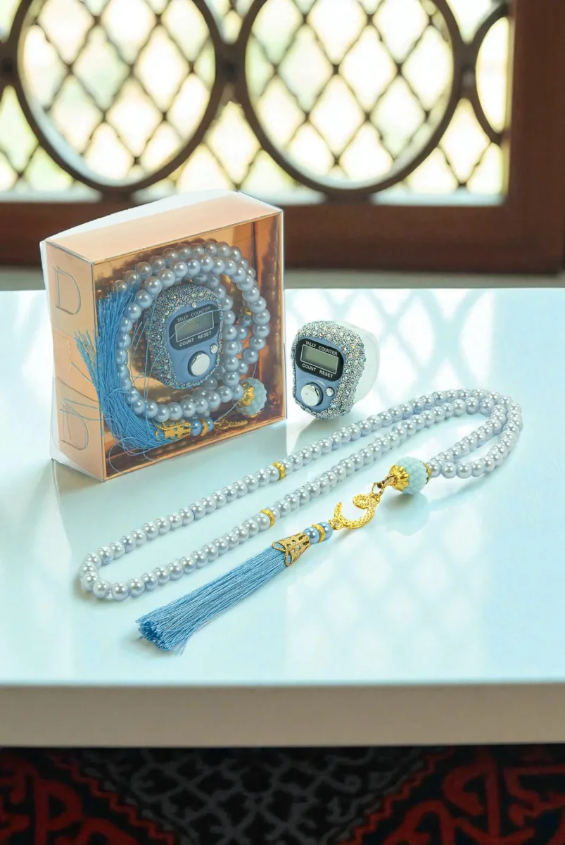Hediyelik Taşlı Zikirmatik ve 99 lu İnci Tesbih Kutulu Set - Mavi - 1